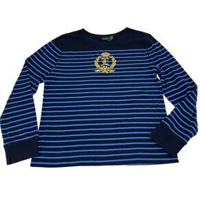 Lauren Ralph Lauren‎ Women's XL Navy & Blue Striped Long Sleeve Shirt Gold Crest